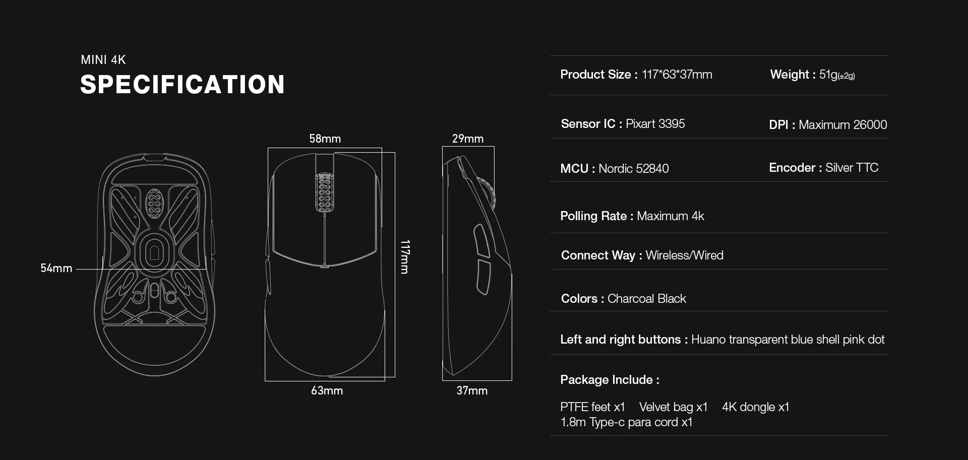 LAMZU Atlantis Mini Charcoal Black Wireless 1K / 4K Mouse - Image 2