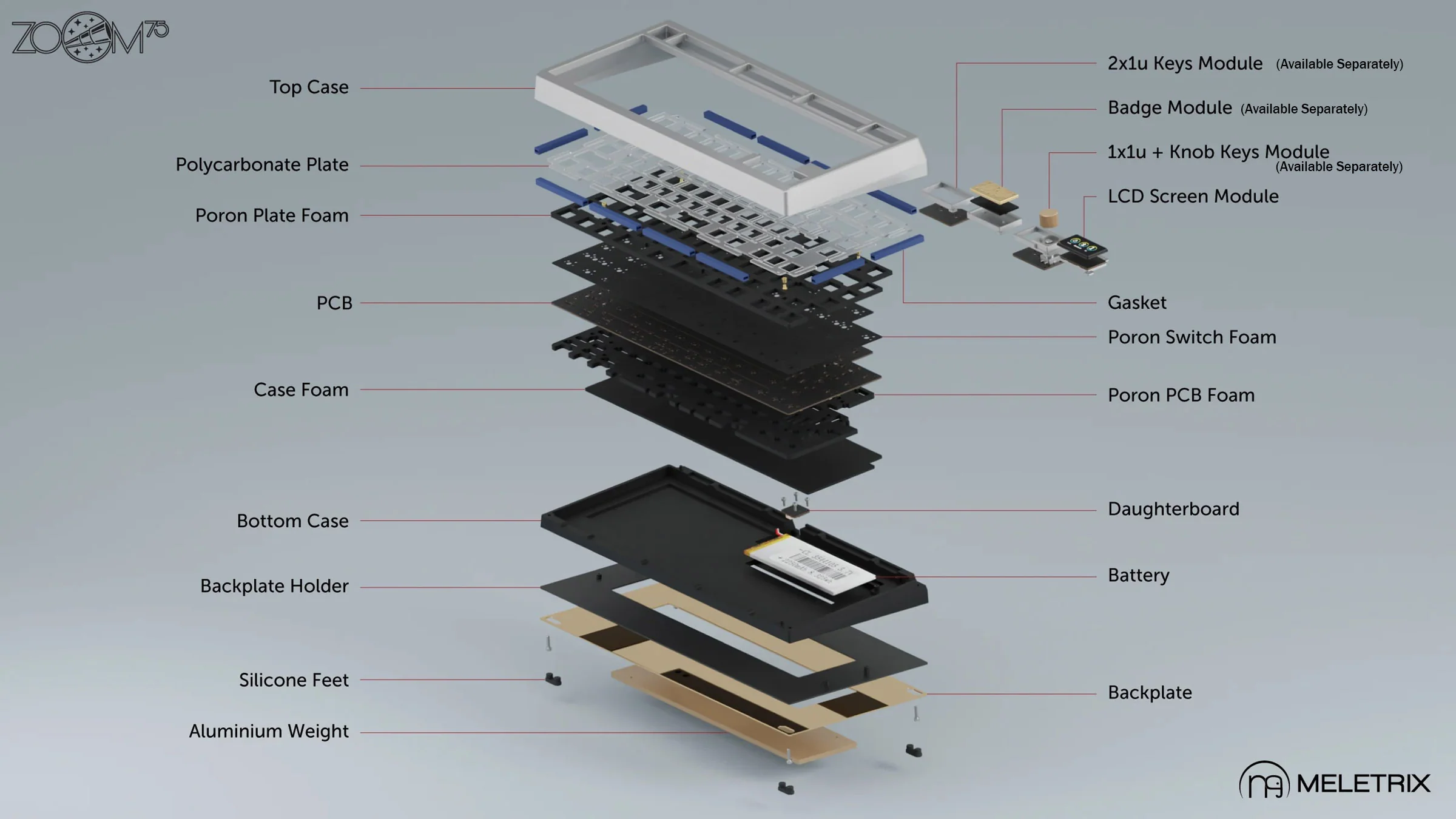 Meletrix Zoom75 Essential Edition Aluminum Barebones 75% Hotswap Wireless RGB Flex Cut PCB DIY Keyboard Kit - Image 2